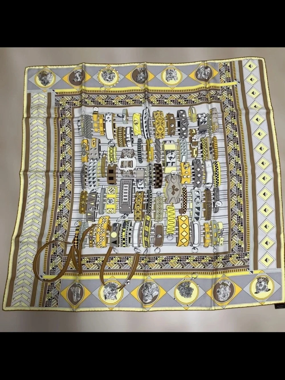 Hermes Yellow, Gray and Brown Chain Motif Silk Scarf